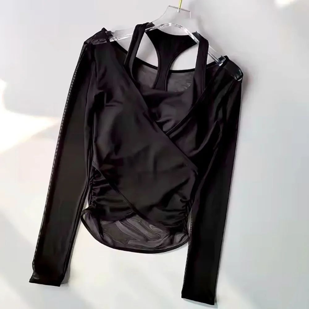 Athletic Sheer Top with Attached Racer Back Sports Bra